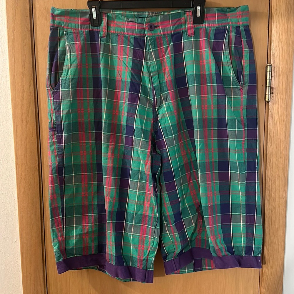 Raw Blue Men’s Vintage Plaid Colorful Shorts Green Purple Size 40